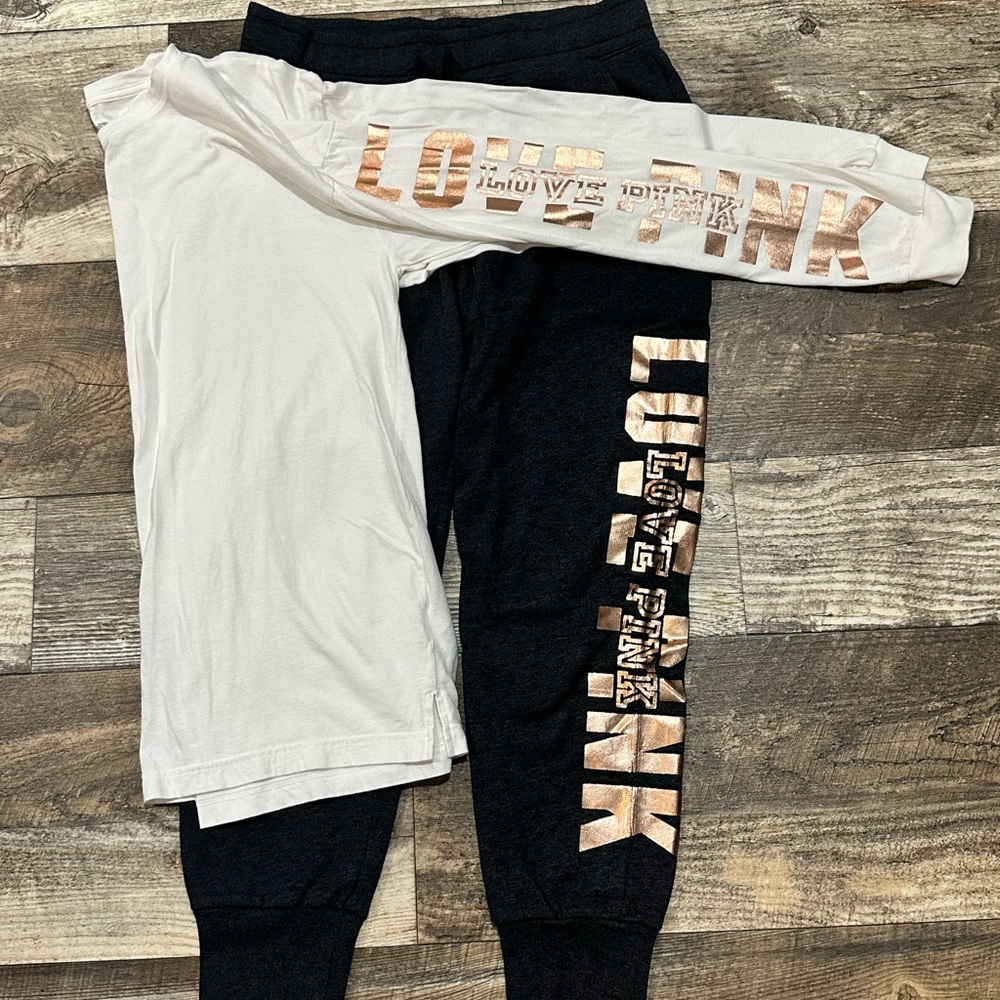 3 PIECE SET. VS PINK Rose Gold Skinny Jogger with Long Sleeve Tee and Leggings